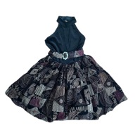 Sukienka bombka wyjściowa czarna wzory zapięcie na szyi ozdobny pasek S