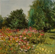 W ogrodzie" obraz olejny na płótnie 30x30cm , oryginał Garncarek Al,,,