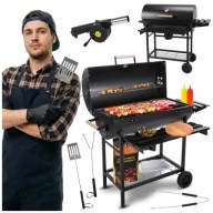 GRILL WĘGLOWY OGRODOWY DUŻY Z POKRYWĄ TERMOMETR POPIELNIK BBQ PÓŁKI KÓŁKA