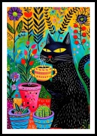 A2 KOLOROWY OBRAZ PLAKAT Z KOTEM, PLAKAT CZARNY KOT Z KAWĄ