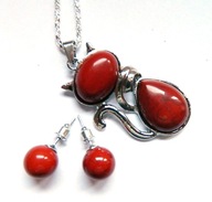 Czerwony mokait, antystresowy kamień, wisiorek z kotkiem i kolczyki