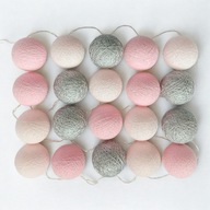 Cotton Balls Pudrowy Róż - Srebrny Girlanda Lampki Kule 20 LED Na Baterie