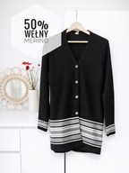 Ciemnoszary długi kardigan z wełną merino vintage V-neck zapinany M/L