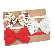 Opaski kokardki zestaw 3 szt kremowa kwiatuszki biała koronka i czerwona