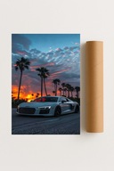 Plakat bez ram 40x50cm Audi R8 Palmy Tropiki Zachód Słońca Auto Sportowe