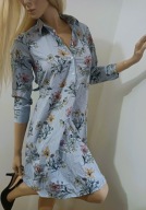 niebiesko-biała bawełniana sukienka kwiaty na wiosnę z kołnierzykiem XS