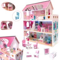 Domek dla Lalek Drewniany 70 cm LED Trzypiętrowy Mebelki Różowy