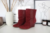 Zara botki zamsz skóra bordowe koturny wiśniowe