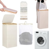 KOSZ NA PRANIE BAMBUSOWY WĄSKI BIAŁY POJEMNIK DUŻY Z POKRYWĄ 70CM