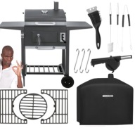 GRILL WĘGLOWY OGRODOWY Z POKRYWĄ KOMINEM TERMOMETR ŻELIWNY RUSZT DUŻY