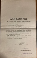 Grecja 1920 Dyplom Order Jerzego I podpis autograf król Aleksander I