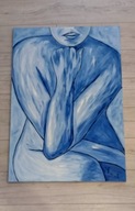 Duży obraz olejny "NIEBIESKI" 100x70 cm abstrakcja A. Reut
