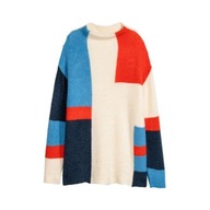 H & M sweter czerwony wełniany wełna stójka półgolf kolorowy bloki kolorów
