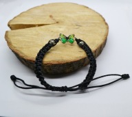 Czarna bransoletka regulowana z Zielonym Motylem