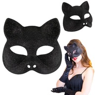 MASKA NA HALLOWEEN WENECKA CZARNA KOT Z WĄSAMI KOCIA OCZY WIĄZANA BROKATOWA