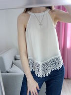 GLAMOROUS BLUZKA TOP BIAŁA KORONKA BORDIURA ASYMETRYCZNA HALTER LUŹNA 38 M