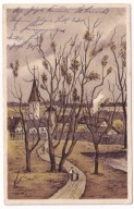 Wiejski widok kościół droga ok.1910r. obieg 1917r. malarstwo Rosyjskie