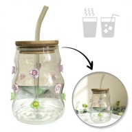 Szklanka z falowanymi ściankami i kwiatkami 450 ml ze słomką i pokrywką SZK