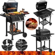 GRILL WĘGLOWY OGRODOWY DUŻY ŻELIWNY RUSZT Z POKRYWĄ TERMOMETR Z KÓŁKAMI