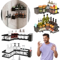 PÓŁKA ŁAZIENKOWA NAROŻNA WISZĄCA POD PRYSZNIC STALOWA CZARNA ZESTAW