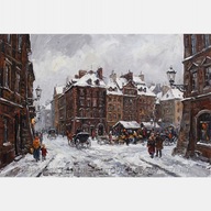 Stare miasto zima obraz na płótnie 55x80 olejny budynki kamienice do salonu