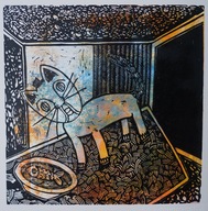 Koteł. 30 × 30 cm. 2025 r. (linoryt kol.)