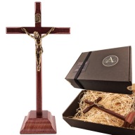 Krzyż Drewniany Ciemny Stojący 20,5cm + PUDEŁKO PREZENT Box Sianko APOSTOLS