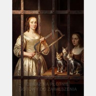 Kobieta z ręczną piłą do metalu stary obraz 58x85 kraty więzienie