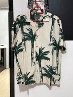I Koszula hawajska Primark kremowa artystyczne zielone szkice palm M