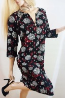 LOLA LIZA sukienka w kontrastowe białe kwiaty dekolt zapinany na zamek M