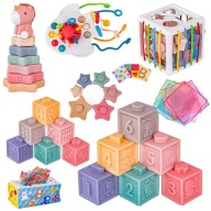 Edukacyjne miękkie gumowe klocki sensoryczne zestaw 6w1 wieża akcesoria
