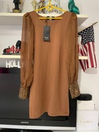 I SUKIENKA AX JASNY BRĄZ DOPASOWA KORALIKI RĘKAWY MGIEŁKA