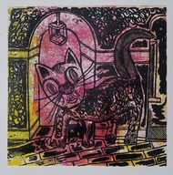 Kotek nocą. 30 × 30 cm. 2025 r. (linoryt kol.)