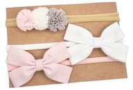 Opaski na głowę kokardki i pomponiki biała i pudrowy róż zestaw 3 szt