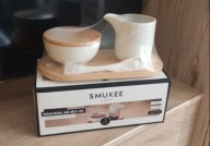 Smukee Cukiernica z pokrywką + mlecznik porcelana na podstawce bambusowej