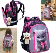 PLECAK SZKOLNY RÓŻOWO-CZARNY Z KOTEM DLA DZIEWCZYNKI WIELOKOMOROWY+MASKOTKA