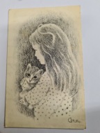 Ann Adams kartka USA rysunek ustami dziewczynka z kotem