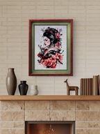 Gejsza, obraz haftowany krzyżykiem, rękodzieło