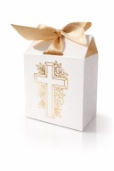 Elegenckie pudełko KRZYŻ pozłacany 7x5cm na komunię podziękowanie dla gości