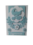 ZAPROSZENIA CHRZEST ŚWIĘTY WÓZEK W SERWETCE LIŚCIE C6 BŁĘKIT - BIEL