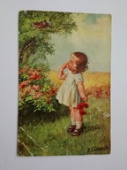 Dziewczynka na łace i gniazdo ptaków W. Fialkowska - poczt. wysłana w 1929