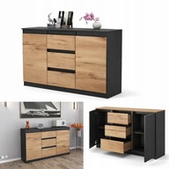 KOMODA Z SZUFLADAMI DĄB WOTAN ANTRACYT 120CM BEZUCHWYTOWA DO SALONU