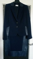 DENI CLER granatowy kostium żakiet i spódnica 38/40 wełna skóra naturalna