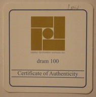 CERTYFIKAT DO MONETY 100 DRAM 2008 ARMENIA - ZNAK ZODIAKU LEW