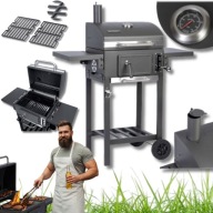 GRILL WĘGLOWY OGRODOWY MAŁY ŻELIWNY Z POKRYWĄ RUSZT TERMOMETR KOMIN SZARY