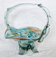 KOSZYK SZKLANY ANTYK PRL VINTAGE SELEDYNOWY RĘCZNIE DMUCHANE SZKŁO UNIKAT