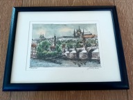 Praga KOLOROWA GRAFIKA RYSUNEK Widok na Hradczany i Most Karola w Pradze