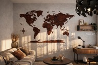 Mapa świata 3D z drewna 210x126cm – Palisander – pineski, samoloty, prezent