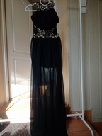 eva&lola xs 34 sukienka maxi szyfon czarna srebrna kamyczki sylwester