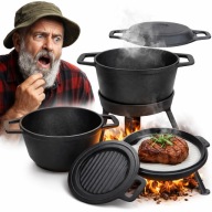 KOCIOŁEK ŻELIWNY 5 L MYŚLIWSKI GARNEK PATELNIA GRILLOWA 2W1 OGNISKO GRILL